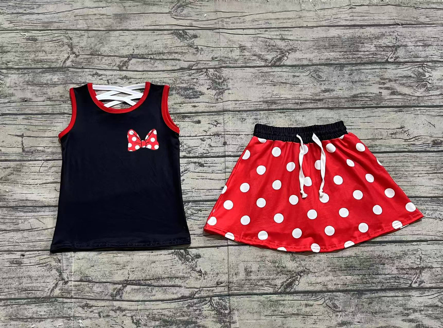 GSD2069 Baby Girls Black Red Dots Bow Shirt Skirt Clothes Sets  D 4.14