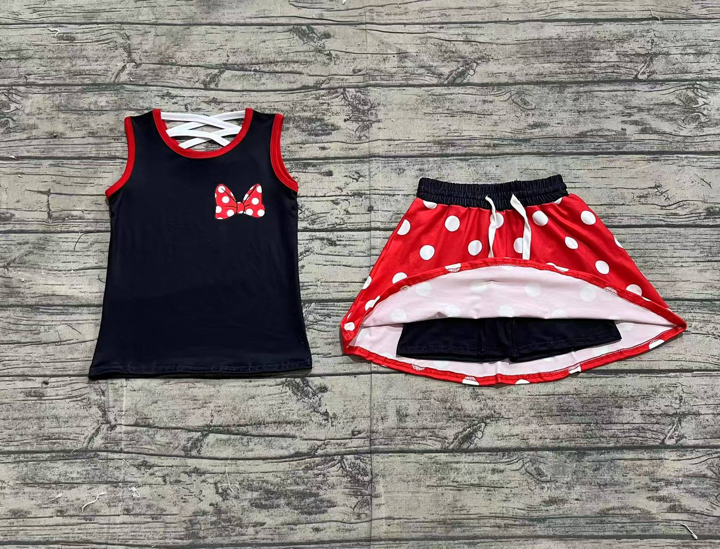GSD2069 Baby Girls Black Red Dots Bow Shirt Skirt Clothes Sets  D 4.14
