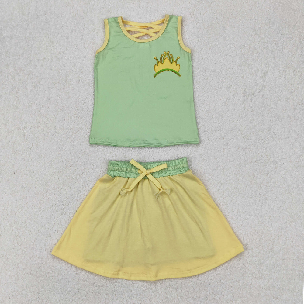 GSD2071  Baby Girls Green Crown Shirt Skirt Clothes Sets