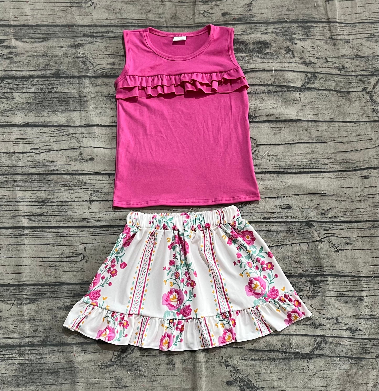 GSD2104  Solid Rose Red Sleeveless Flower Leaf Striped Skirt Set D 4.21