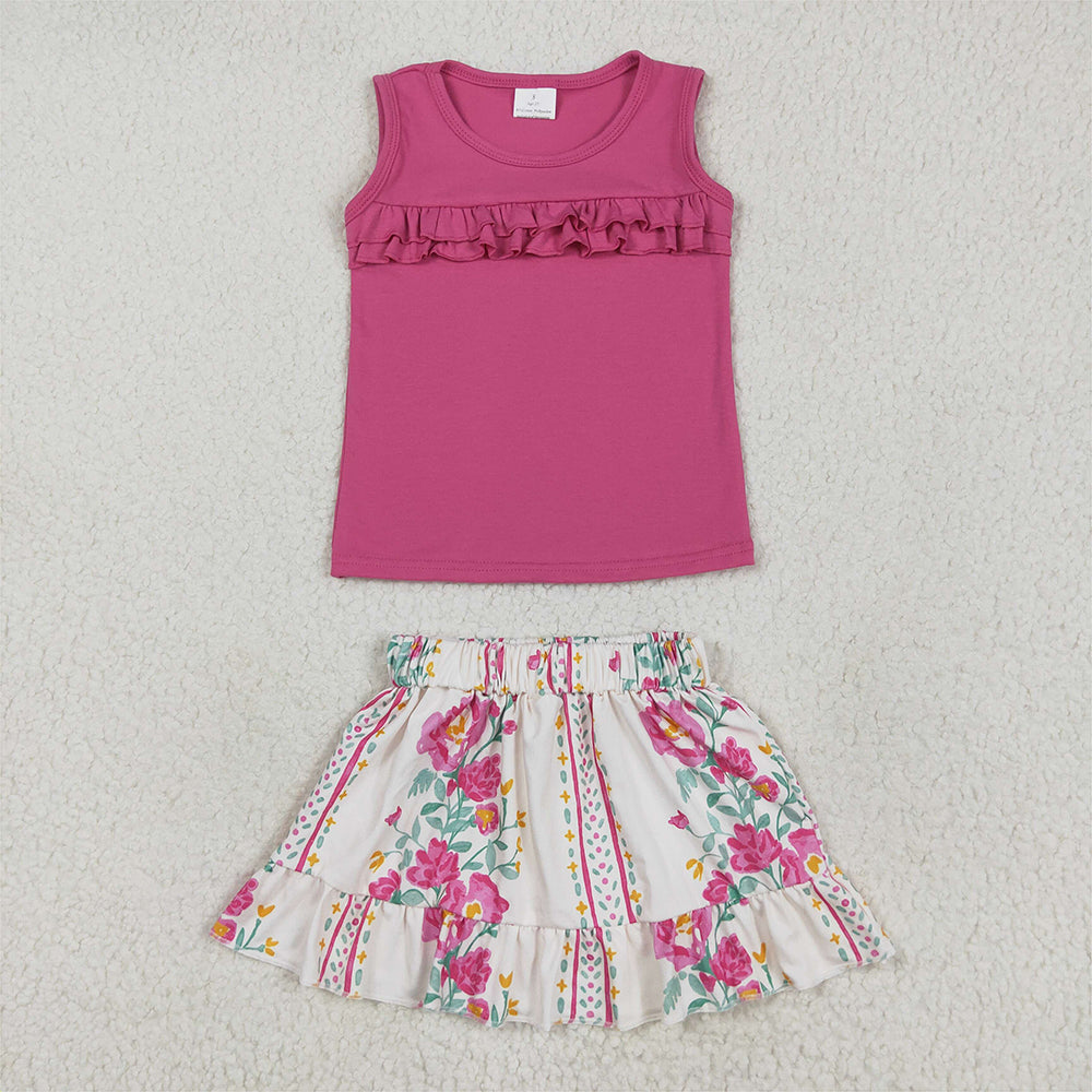 GSD2104  Solid Rose Red Sleeveless Flower Leaf Striped Skirt Set D 4.21
