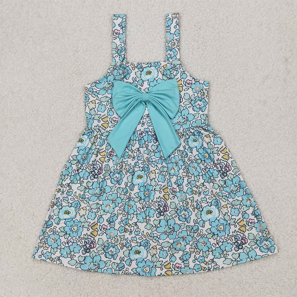 GSD2106 Baby Girls Blue Flowers Big Bow Knee Length Dresses   D 3.31