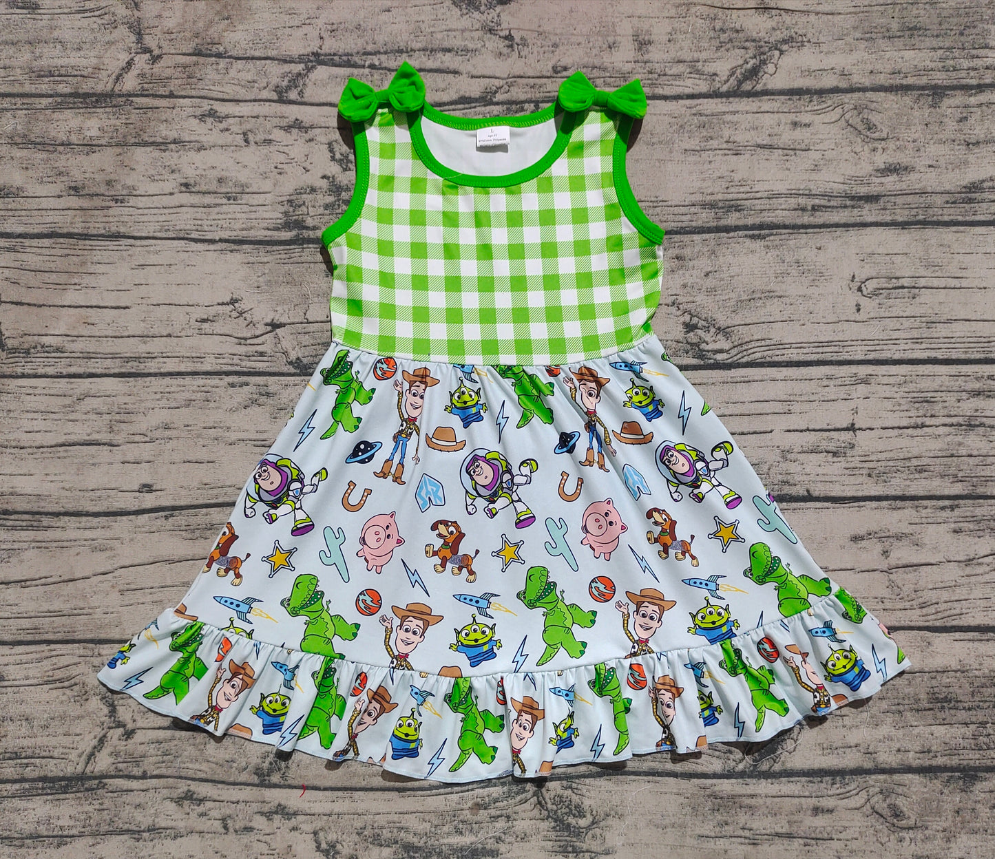 GSD2107  Baby Girls Green Checkered Toy Western Bows Knee Length Dresses  D 3.27