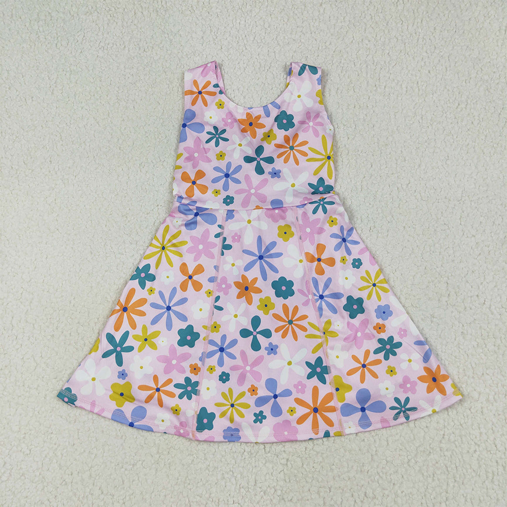 GSD2113 Baby Girls Pink Colorful Flowers Yoga Active Wear Skort Knee Length Dresses  D 6.16
