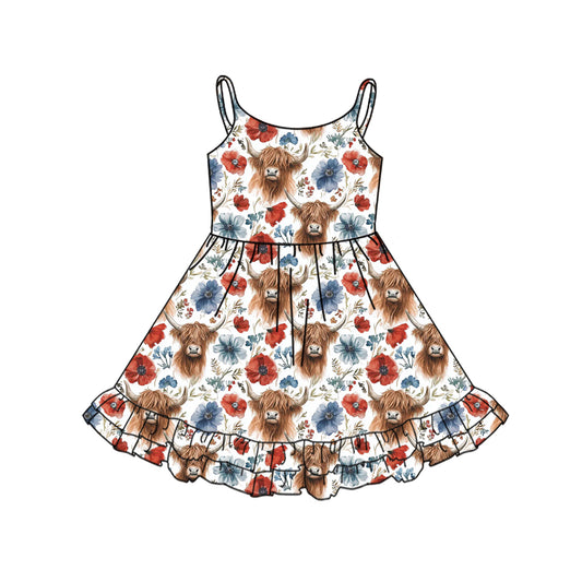 presale GSD2143 Baby Girls 4th Of July Highland Cow Flowers Straps Knee Length Dresses D 3.5