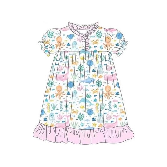 presale GSD2144 Marine Animal Octopus Jellyfish Lace Pink and White Short Sleeve Dress D 3.5