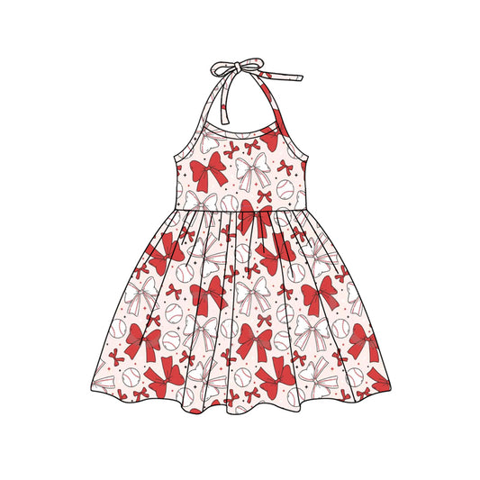 presale GSD2147 Baby Girls Red Bows Baseball Halter Knee Length Dresses D 3.5