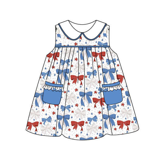 presale GSD2148 Baby Girls 4th Of July Blue Red Bows Sleeveless Knee Length Dresses D 3.5
