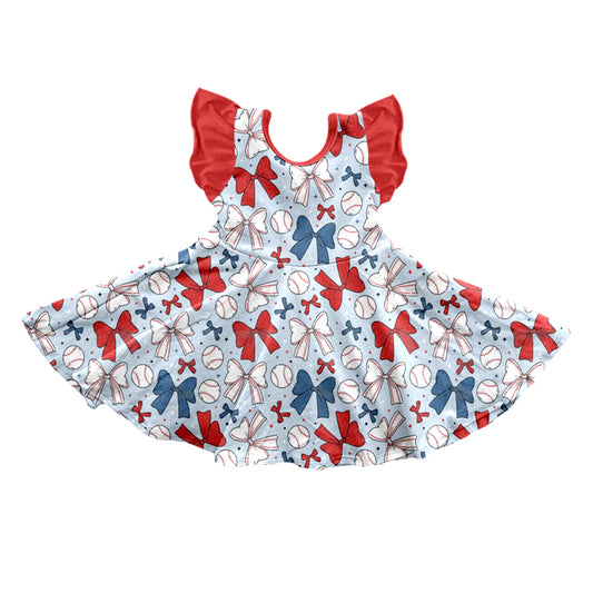 presale GSD2149 Baby Girls Baseball Bows Flutter Sleeve Twirl Dresses D 3.5