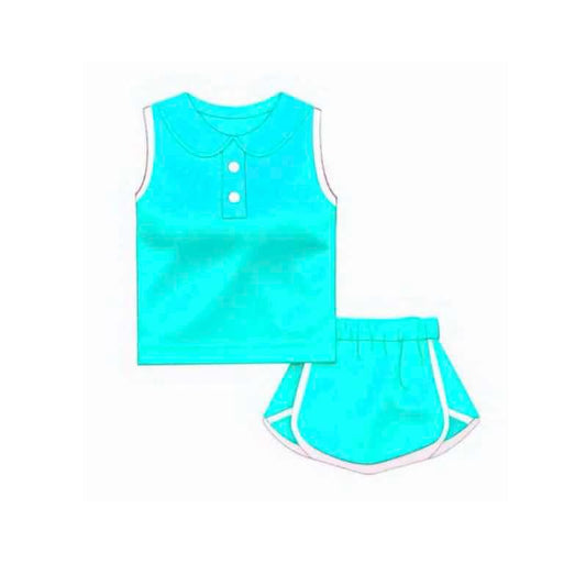 presale GSD2160  Baby Girls Blue Sleeveless Button Vest Top Shorts Cotton Clothes Sets  D 3.4
