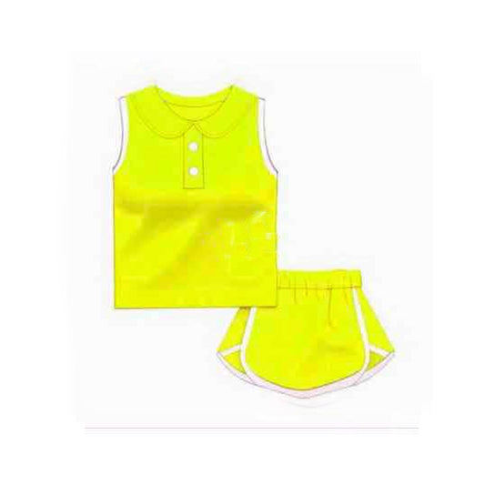 presale GSD2161 Baby Girls Yellow Sleeveless Button Vest Top Shorts Cotton Clothes Sets D 3.4