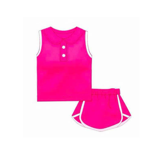 presale GSD2163  Baby Girls Hot Pink Sleeveless Button Vest Top Shorts Cotton Clothes Sets D 3.4