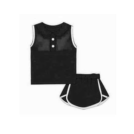 presale GSD2165  Baby Girls Black Sleeveless Button Vest Top Shorts Cotton Clothes Sets  D 3.4