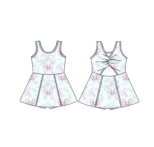 presale GSD2166 Baby Girls Sleeveless Lavender Bows Floral Yoga Active Wear Skort Knee Length Dresses D 3.4