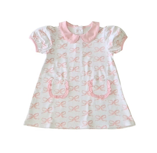 presale GSD2167 Baby Girls Pink Short Ruffle Sleeves Bows Pockets Dress D 3.4