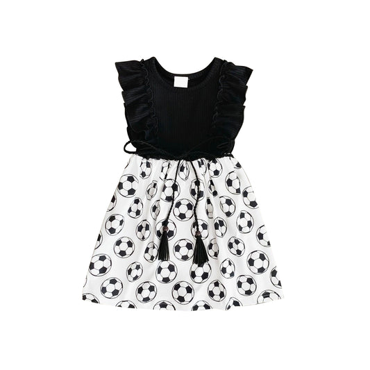 presale GSD2174 Baby Girls Black Flutter Sleeves Footballs Belt Knee Length Dresses D 3.3