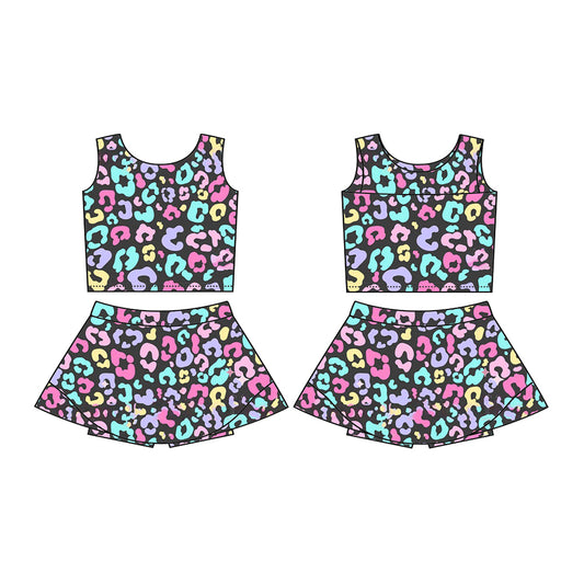 presale GSD2176 Baby Girls Purple Colorful Leopard Yoga Vest Skort Active Wear Sets D 3.6