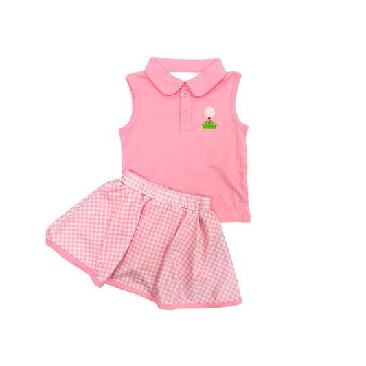 presale GSD2177 Baby Girls Pink Sleeveless Button Golf Shirt Stripe Plaid Skirt Sets D 3.6