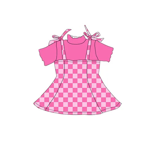 presale GSD2180 Baby Girls Short Sleeves Shirt Strap Plaid Skirt Dress Sets D 3.6