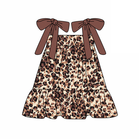 presale GSD2182 Baby Girls Dark Brown Bows Strap Leopard Knee Length Dresses D 3.6