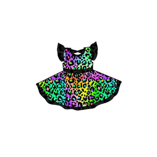 presale GSD2183 Baby Girls Black Flutter Sleeves Colorful Leopard Ruffle Dresses D 3.6