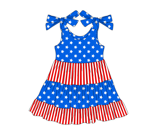 presale GSD2185 Baby Girls Bows Strap Blue Stars Red Stripe Patchwork 4th Of July Knee Length Dresses D 3.6