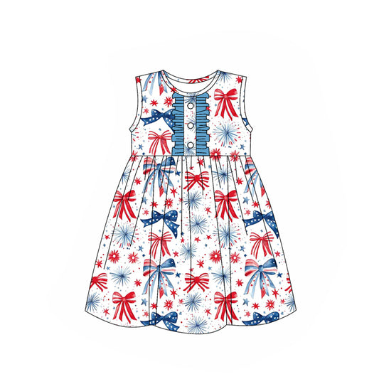 presale GSD2186 Baby Girls Sleeveless Butter Blue Red Bows Fireworks 4th Of July Knee Length Dresses D 3.6