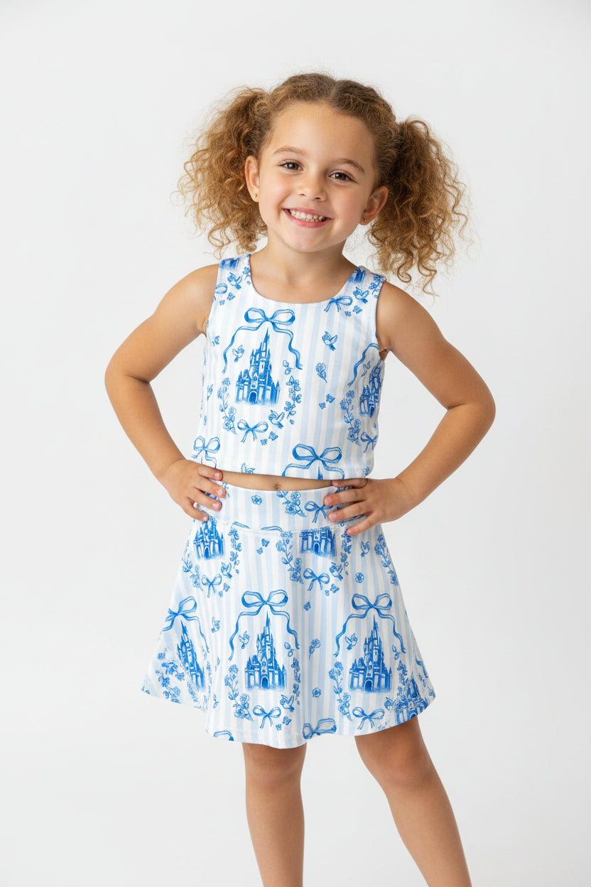 Sibling Baby Girls Blue Castle Athletic Active Wear Outfit with Top Shorts And Knee-Length Skirt Active Dresses for Kids