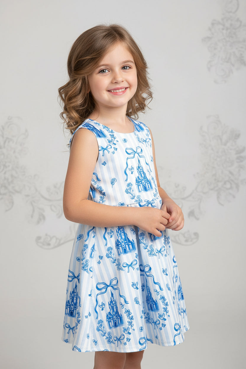 Sibling Baby Girls Blue Castle Athletic Active Wear Outfit with Top Shorts And Knee-Length Skirt Active Dresses for Kids