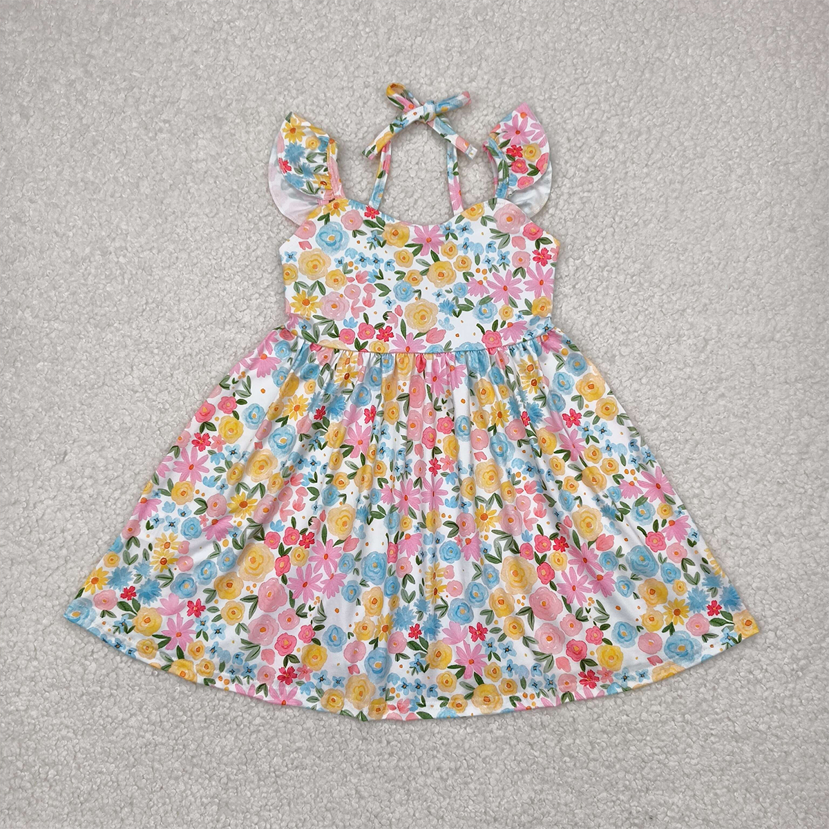 GSD2207  Baby Girls Flutter Sleeves Yellow Floral Backless Bow Knee Length Dresses  D 4.14