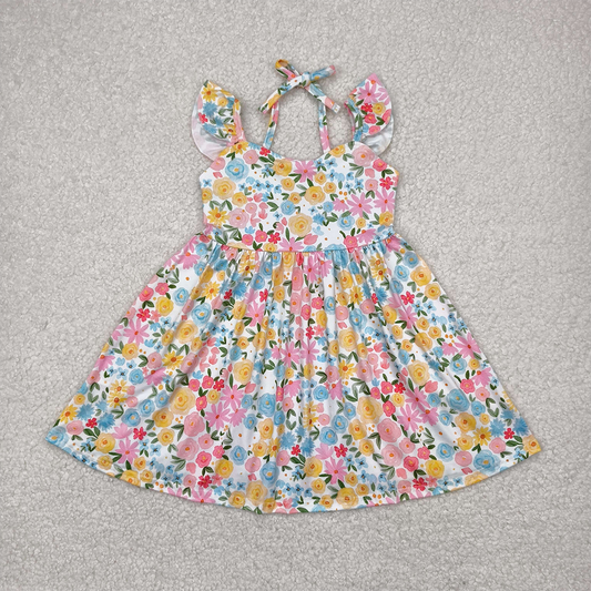 GSD2207 Baby Girls Flutter Sleeves Yellow Floral Backless Bow Knee Length Dresses D 4.14