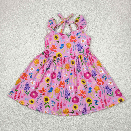 GSD2208  Baby Girls Flutter Sleeves Pink Floral Backless Bow Knee Length Dresses D 4.11