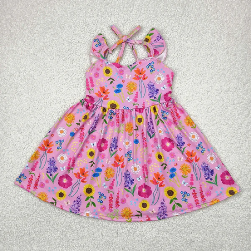 Match Baby Girls Flutter Sleeves Floral Backless Bow Knee Length Dresses D 4.16
