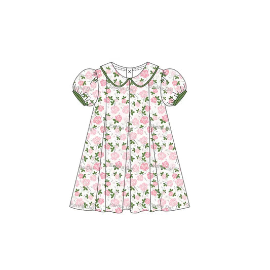 presale GSD2210 Baby Girls Green Short Ruffle Sleeves Pink Floral Knee Length Dresses D 3.12