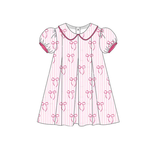 presale GSD2211 Baby Girls Short Ruffle Sleeves Pink Stripe Bows Knee Length Dresses D 3.12