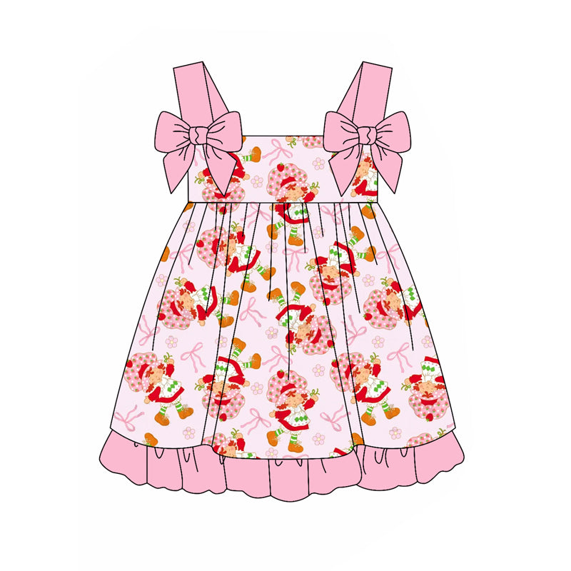 GSD2213 Baby Girls Pink Strap Bows Strawberry Floral Knee Length Dresses  D 4.4