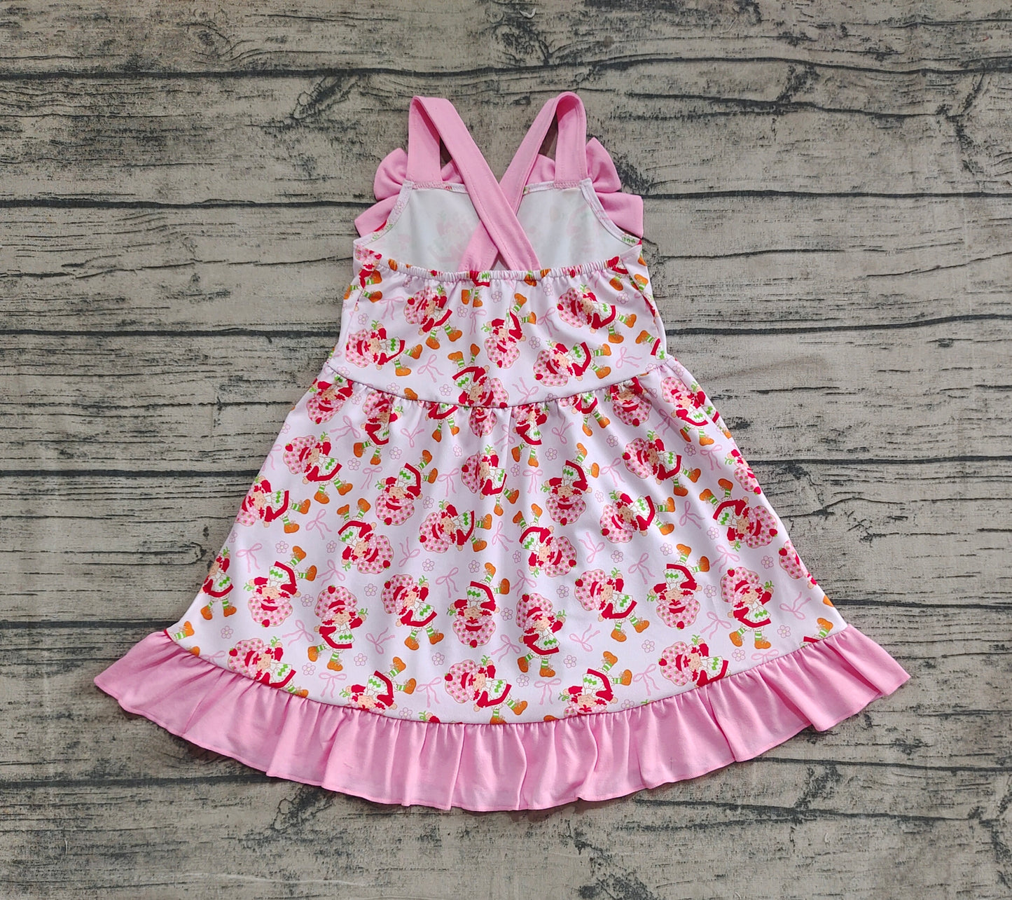 GSD2213 Baby Girls Pink Strap Bows Strawberry Floral Knee Length Dresses  D 4.4