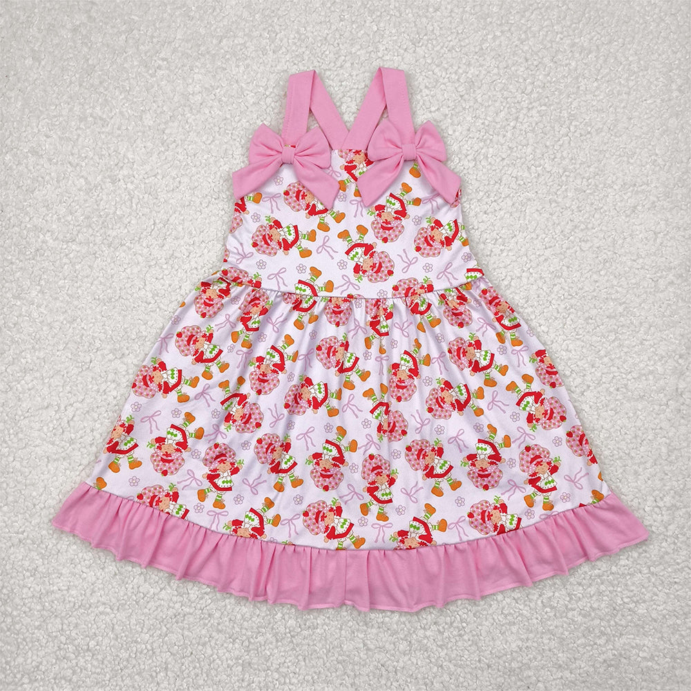 GSD2213 Baby Girls Pink Strap Bows Strawberry Floral Knee Length Dresses  D 4.4