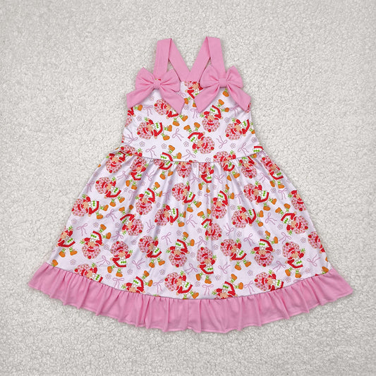 GSD2213 Baby Girls Pink Strap Bows Strawberry Floral Knee Length Dresses  D 4.4