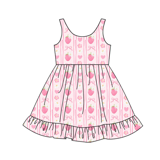 presale GSD2214 Baby Girls Pink Sleeveless Bows Strawberry Stripe Knee Length Dresses D 3.12