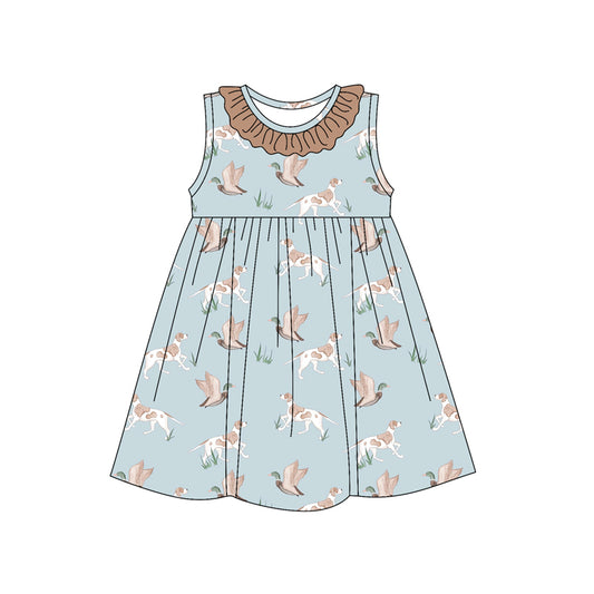 presale GSD2215 Baby Girls Blue Sleeveless Dogs Ducks Round Collar Knee Length Dresses D 3.12