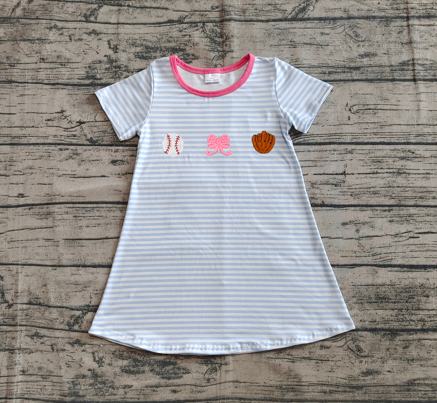 GSD2220  Embroidery Baby Girls Light Blue Stripe Short Sleeves Bows Baseball Knee Length Dresses  D 814 16