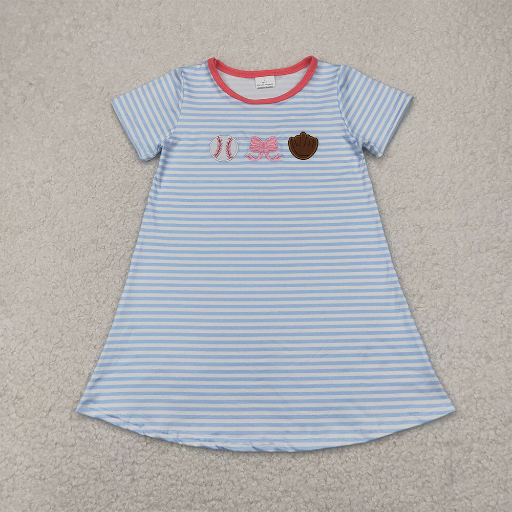 GSD2220  Embroidery Baby Girls Light Blue Stripe Short Sleeves Bows Baseball Knee Length Dresses  D 814 16