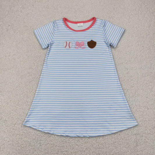 GSD2220 Embroidery Baby Girls Light Blue Stripe Short Sleeves Bows Baseball Knee Length Dresses D 814 16