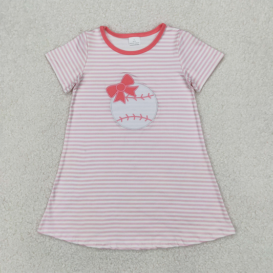 GSD2221 Embroidery Baby Girls Pink Stripe Short Sleeves Bows Baseball Knee Length Dresses D 814 27