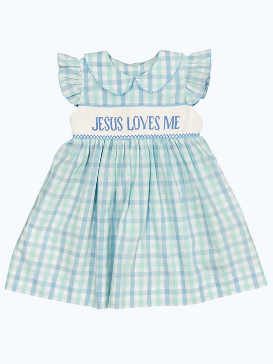 presale GSD2225 Baby Girls Flutter Sleeves Green Blue Plaid JESUS LOVES ME Knee Length Dresses D 3.12