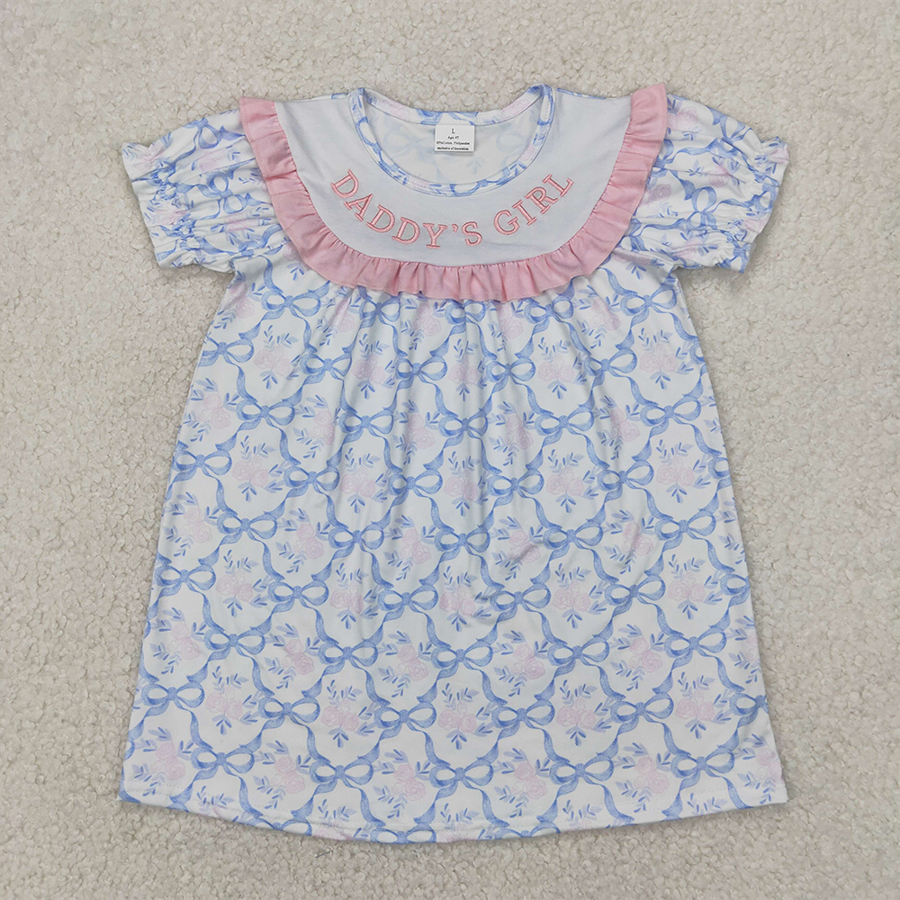 GSD2226  Baby Girls Short Ruffle Sleeves Blue Bows DADDY'S GIRL Knee Length Dresses D 4.1