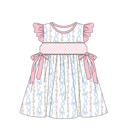 presale GSD2228 Baby Girls Pink Flutter Sleeves Bows Floral Stripe Knee Length Dresses D 3.11