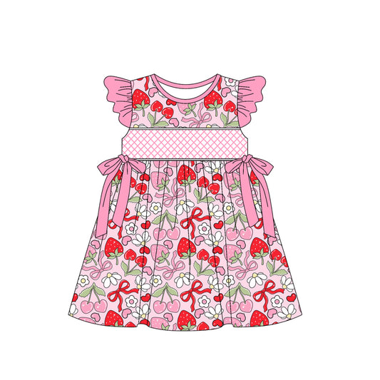 presale GSD2229 Baby Girls Pink Flutter Sleeves Bows Strawberry Floral Knee Length Dresses D 3.11