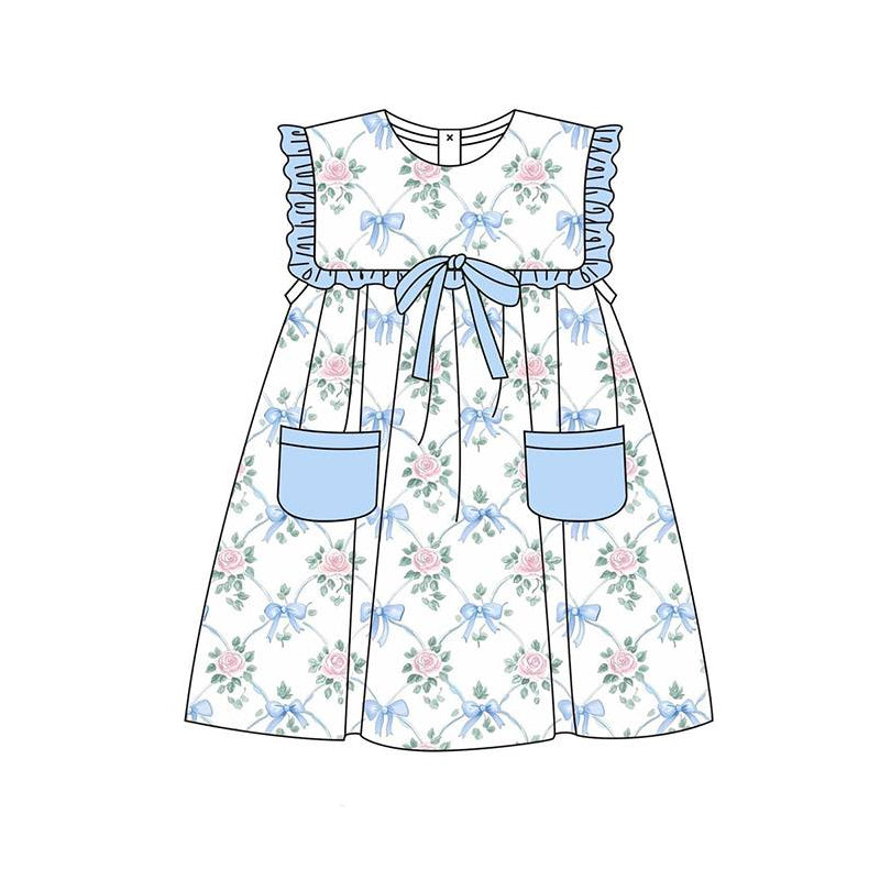 GSD2230 Baby Girls Sleeveless Blue Bows Floral Pockets Top Knee Length Dresses  D 4.17